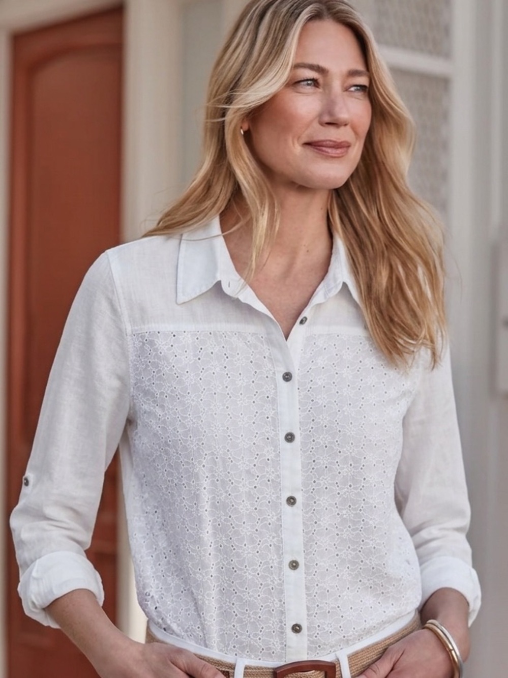Chico's size 2/ Large White Eyelet lace front Button-Down Shirt